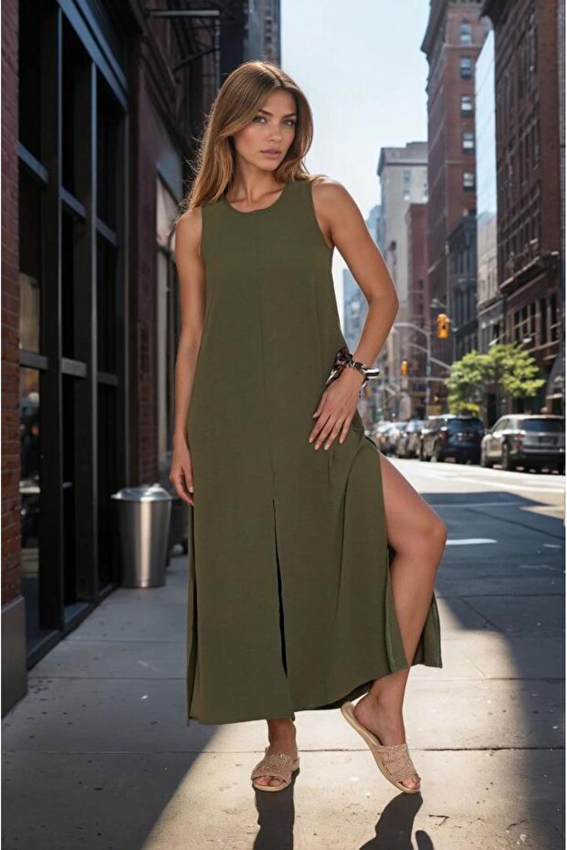 Women's Khaki Zero Sleeve Aerobin Fabric A-Line Slit Maxi Summer Dress 700-3760330