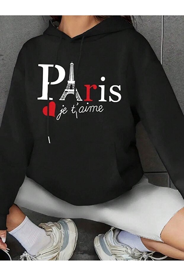 3 İplik Paris Je t'Aime Sweatshirt - Black Printed Oversize Hooded Hoodie