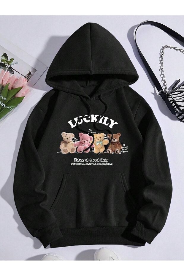 3 İplik Luckily Bear Sweatshirt - Black Printed Oversize Hooded Hoodie