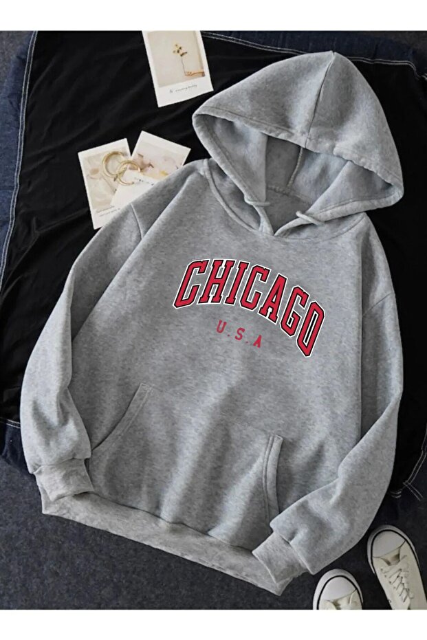 Unisex Chcgo Printed Gray Oversize Hooded Sweatshirt