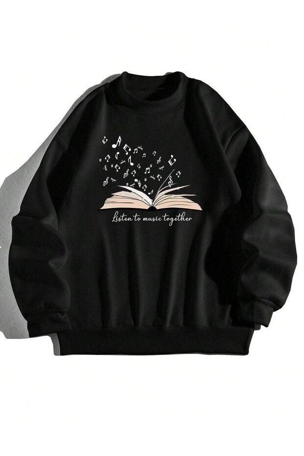 Book Music Sweatshirt - Black Printed Oversize Ribbed Crew Neck