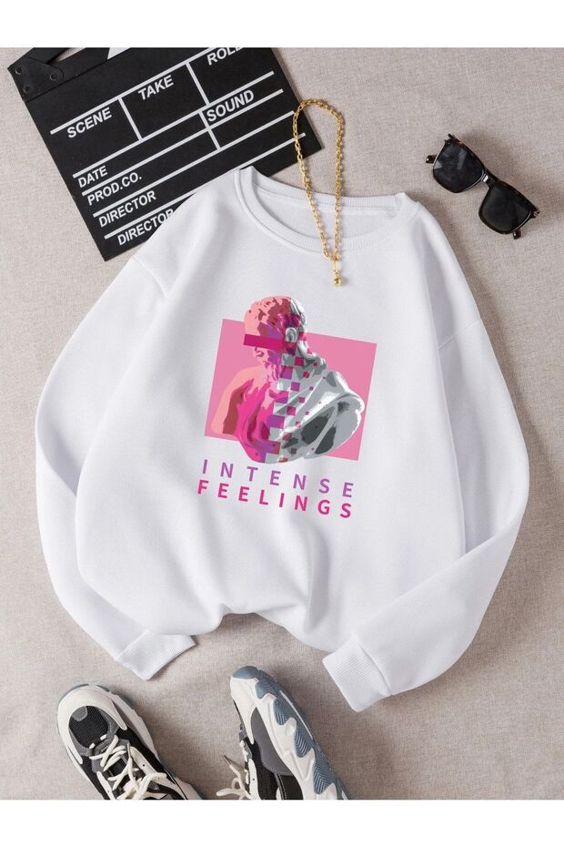 Intense Feelings White Thick Sweatshirt - Printed Oversized Crew Neck with Raised Lettering