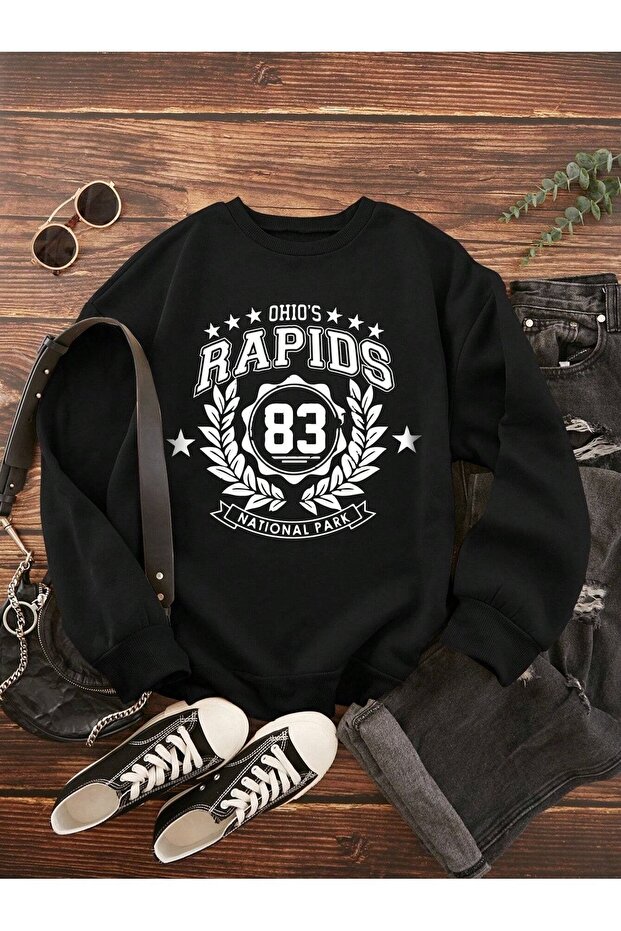 Rapids 83 Sweatshirt - Black Printed Oversize Ribbed Crew Neck