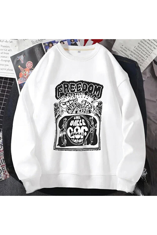3 İplik Freedom Festival Sweatshirt - White Printed Oversize Embossed Crew Neck