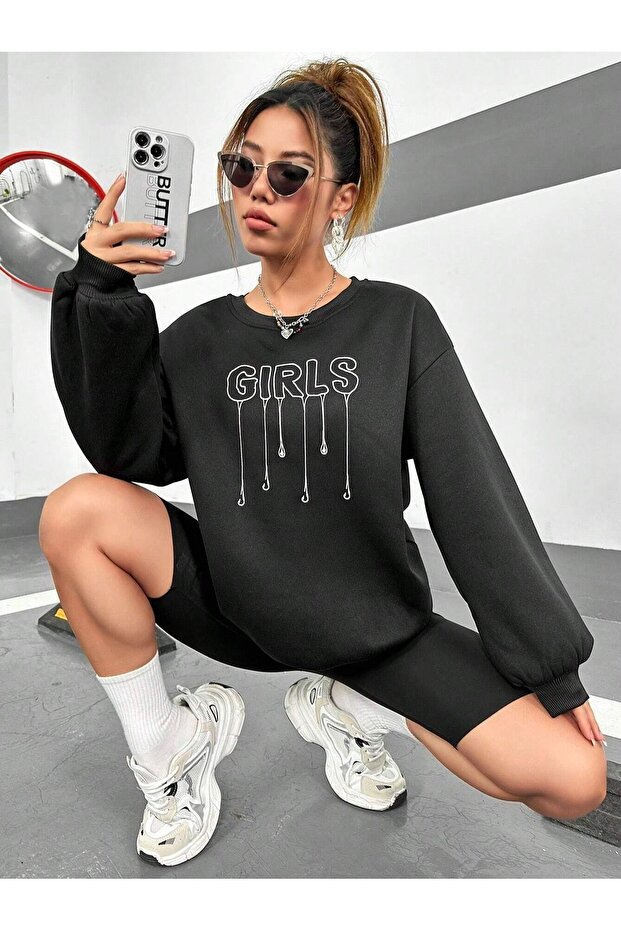 Girls Written Sweatshirt - Black Printed Oversize Ribbed Crew Neck