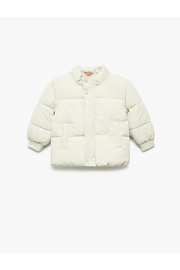 Long Sleeve Pocket Cotton Lined Stand Collar Puffer Coat