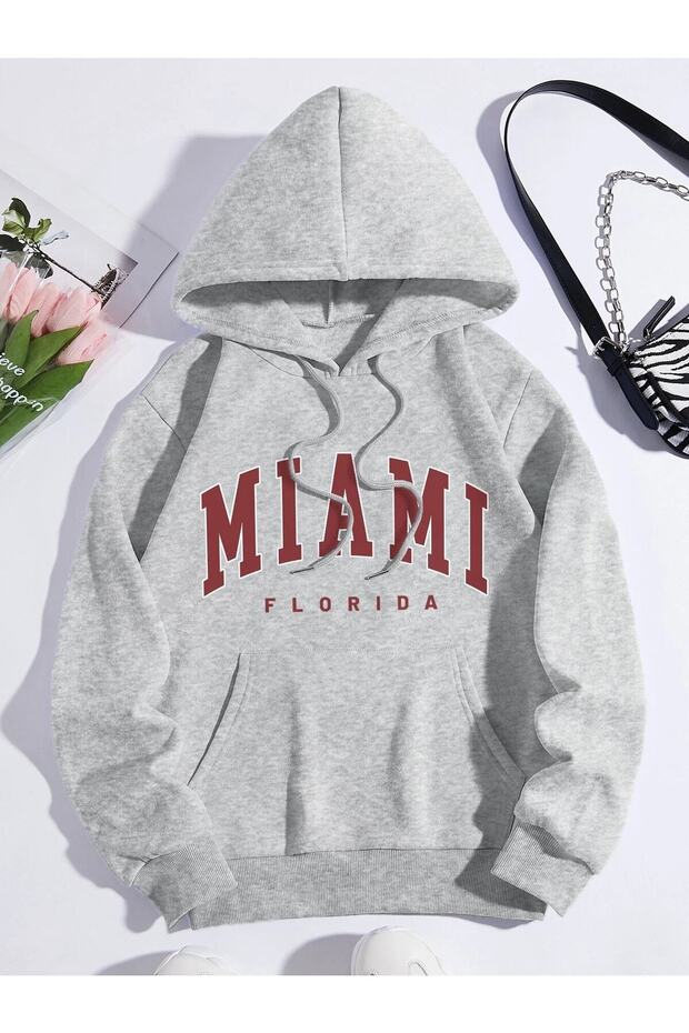 3 Thread Unisex Gray Miami Florida Printed Hooded Sweatshirt
