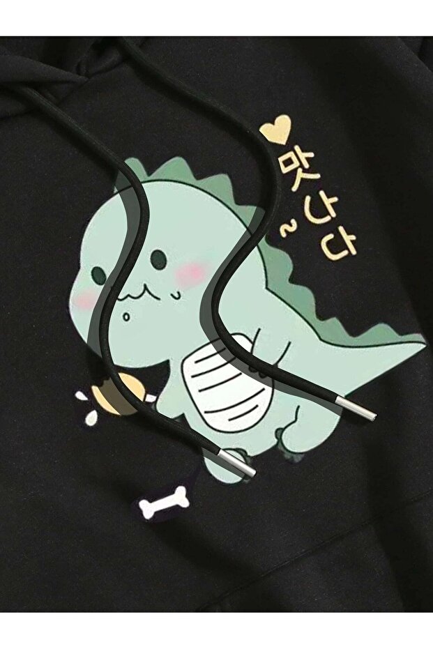 3 İplik Dino Sweatshirt - Black Printed Oversize Hooded Hoodie