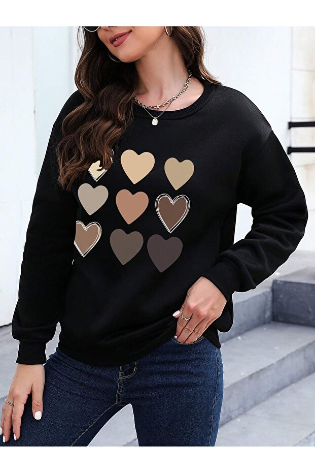 Multiple Hearts Design Sweatshirt - Black Printed Oversize Raised Crew Neck