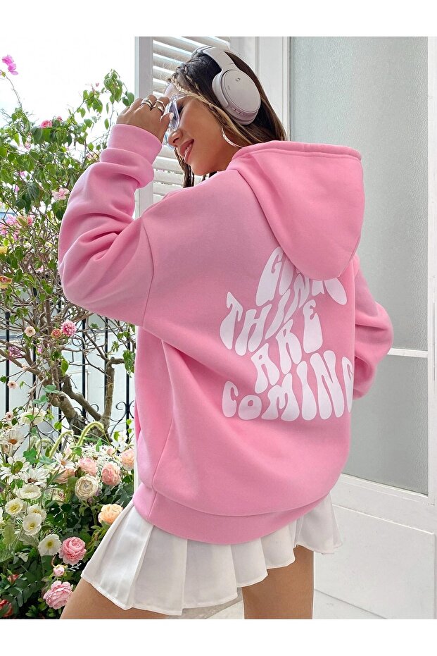 3 İplik Good Things Coming Winter Thick Sweatshirt - Dusty Pink Printed Oversize Hoodie