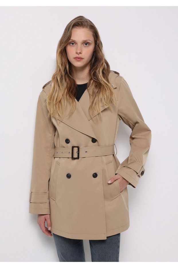 Regular Fit Hooded Buttoned Lined Detachable Hooded Women's Beige Coat