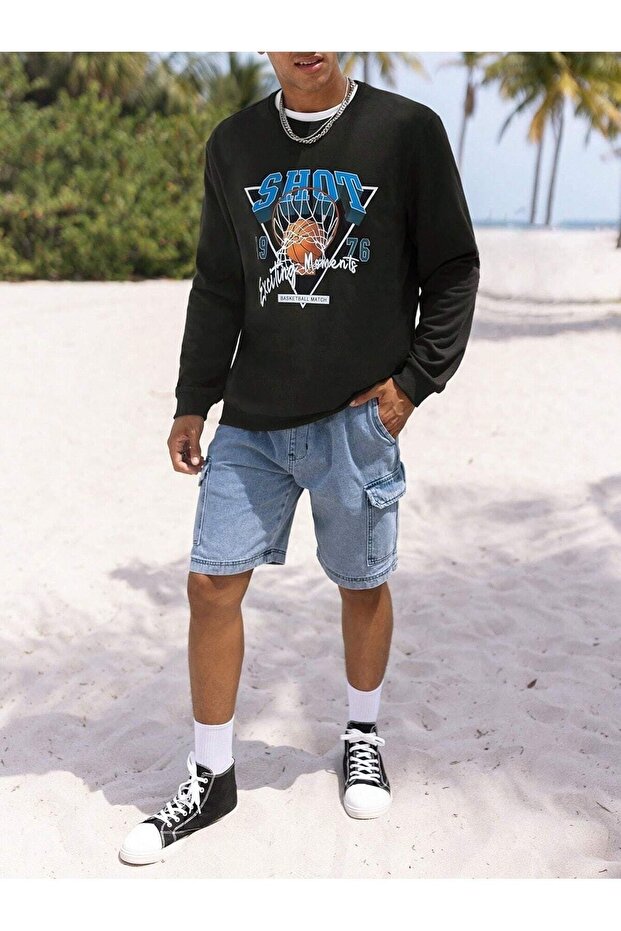 Basketball Shot 1976 Sweatshirt - Black Printed Oversize Ribbed Crew Neck