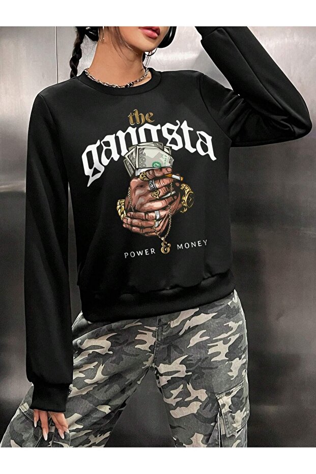 3 İplik the Gangsta Dollars Sweatshirt - Black Printed Oversize Raster Crew Neck