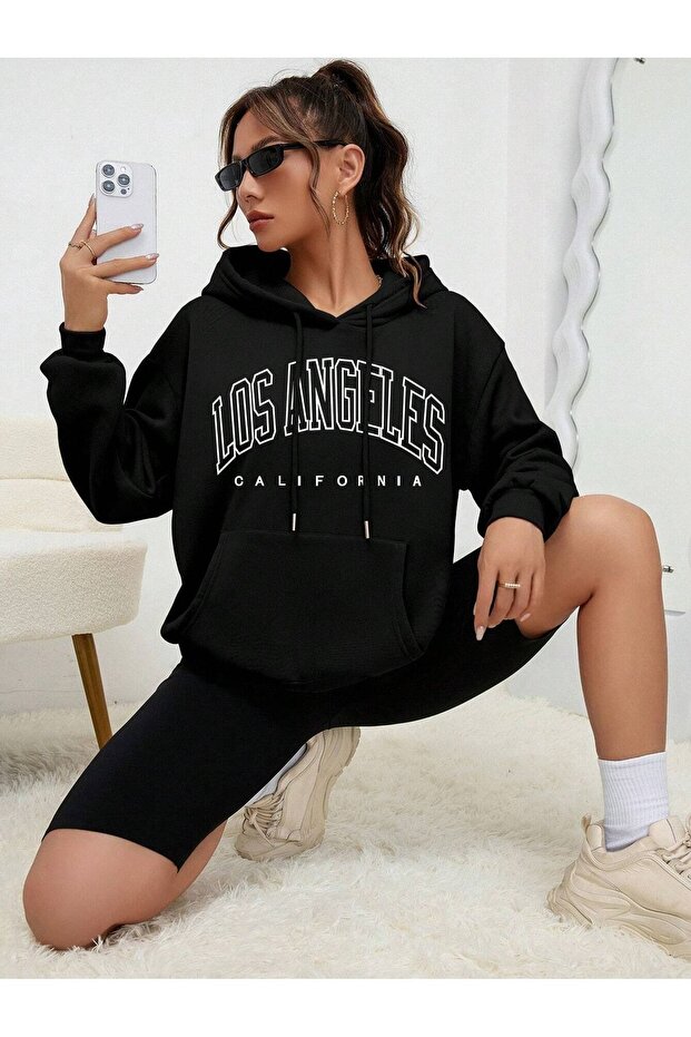3 Thread Los Angeles California Winter Thick Sweatshirt - Black Printed Oversize Hoodie
