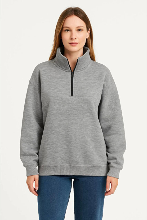 Three Thread Stand Collar Half Zipper Sweatshirt - Gray - 2