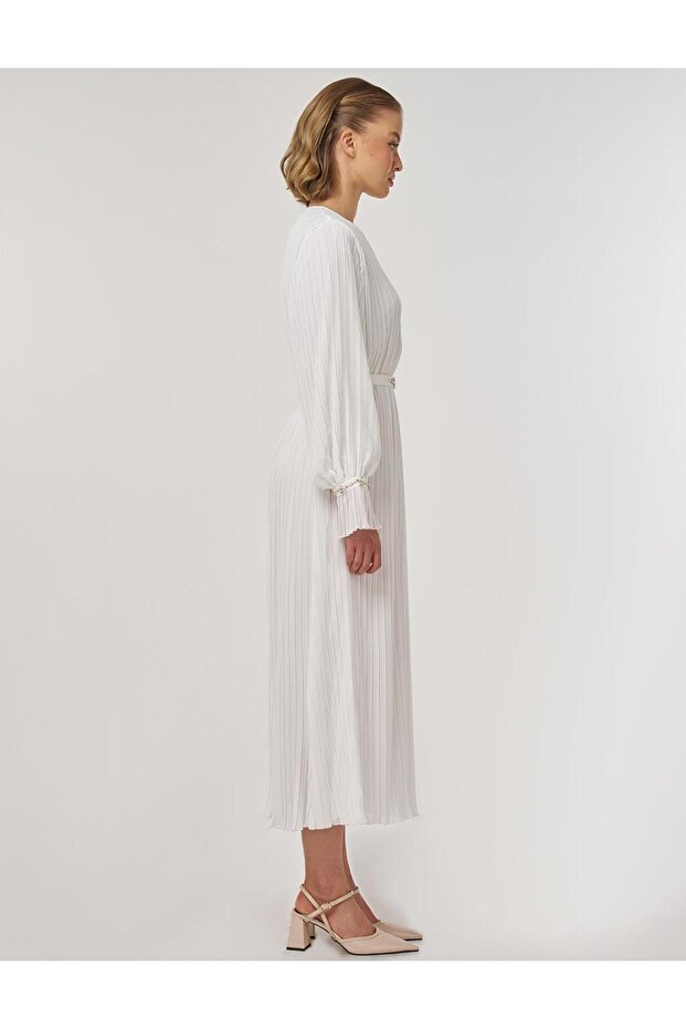 Rochie elegantă brodată cu pietre ecru - 7