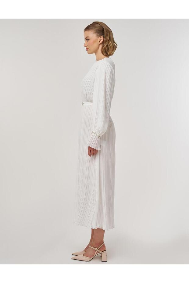 Rochie elegantă brodată cu pietre ecru - 5