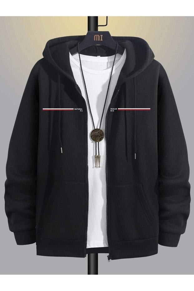 Natural Realm Paris Cardigan - Black Printed Winter Oversize Hooded Cardigan with Zipper Pocket Detail