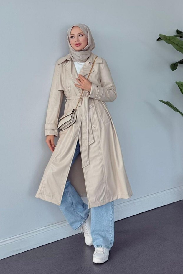 Beta Leather Trench Coat Beige