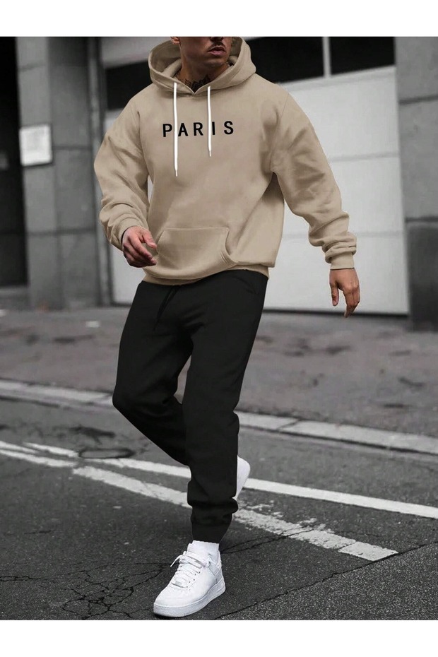 Paris Beige Sweatshirt Hooded Black Jogger Bottom Top Tracksuit Set - Printed Oversize Elastic Legs
