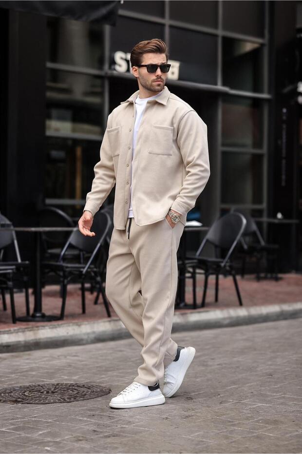 Beige Cashmere Men's Shirt and Pants Two-Piece Set E7328