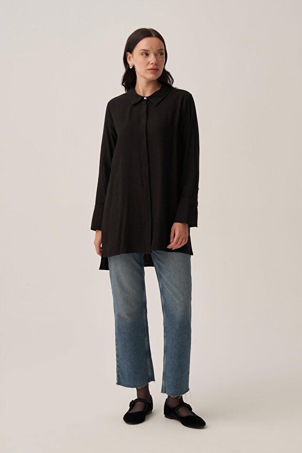 Black-Wrinkled Effect Stylish Poplin Shirt