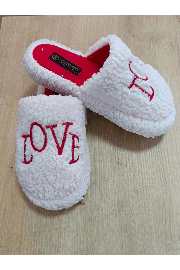 Plush Women's Winter House Slippers Love Written White