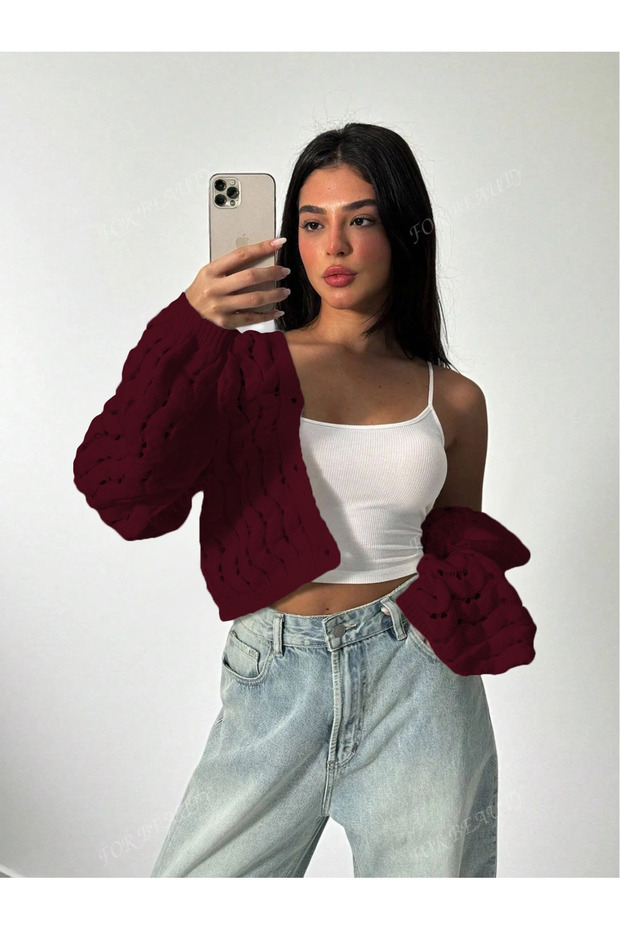 Women's Knitwear V-Neck Short Crop t Sleeve Casual Openwork Buttoned Loose Trendy Knit Cardigan Burgundy