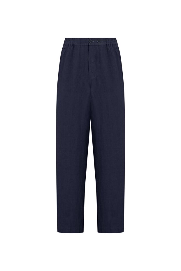 Navy blue linen loose-fit trousers