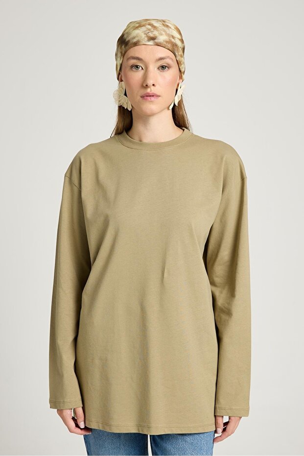 Geniş Kol Oversize Basic T-shirt Haki - 7