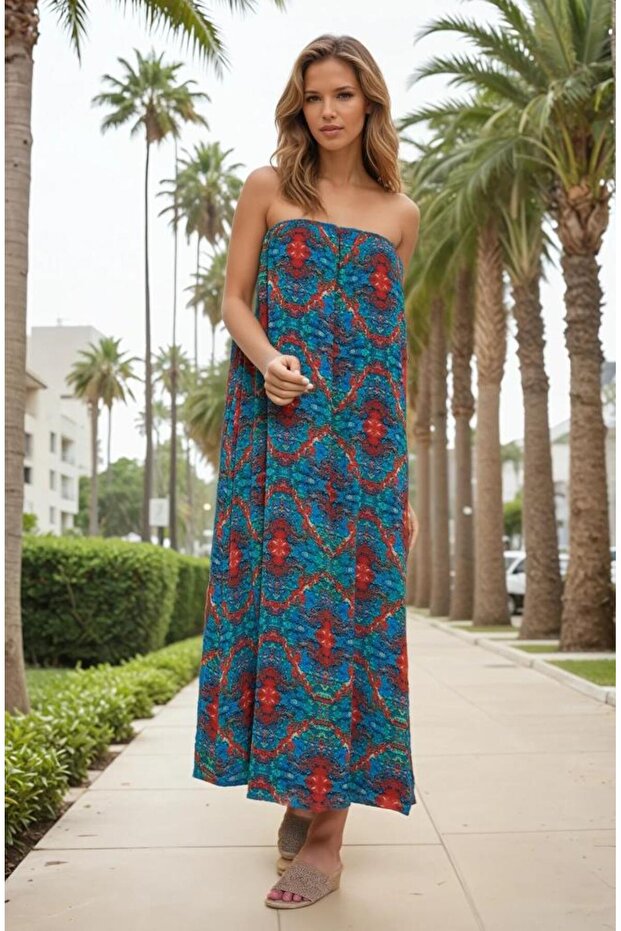 Women's Strapless Lined Chiffon Midi Summer Dress 3753374