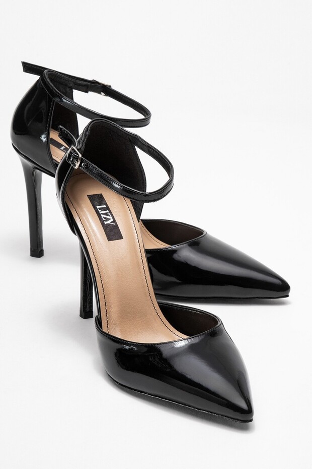 Black Patent Leather Women's Heeled Shoes with Ankle Strap Detail