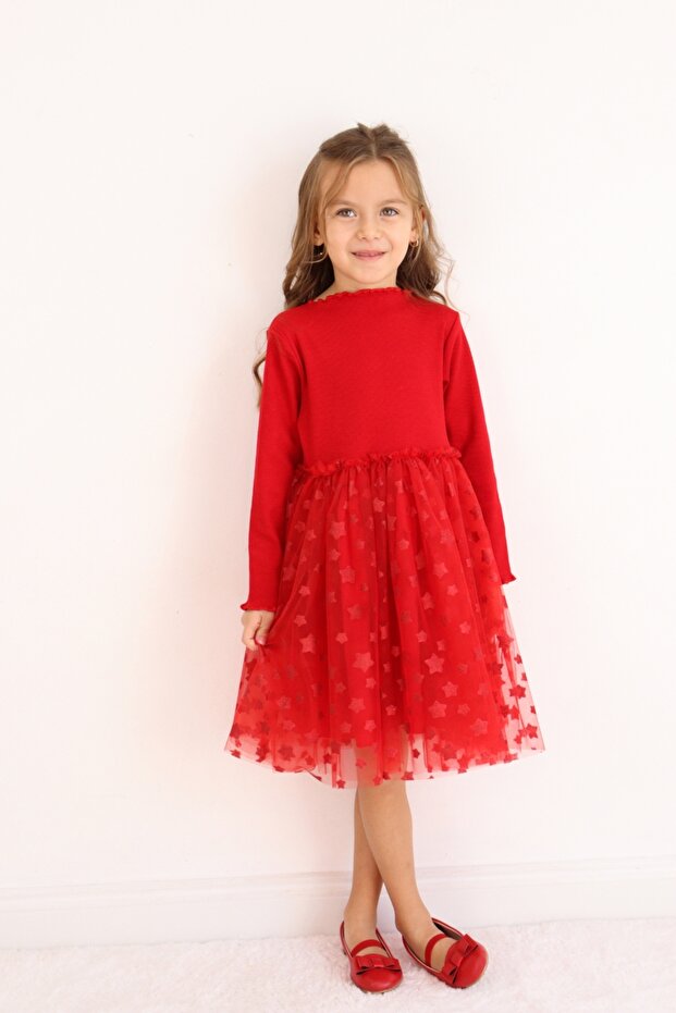 Red Star Printed Tulle Skirted Girl's Dress - Karen