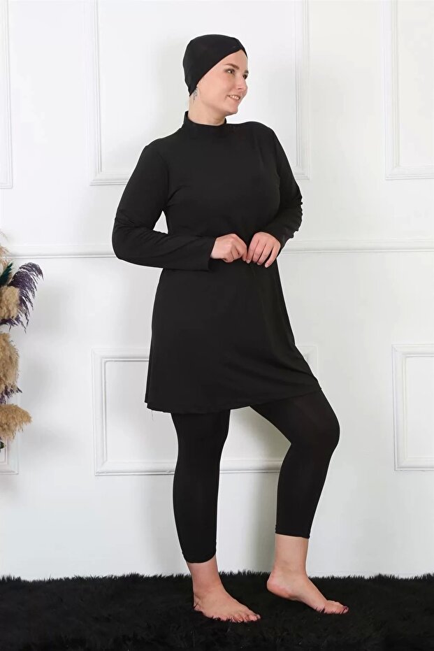 ملابس سباحة سوداء كبيرة الحجم مغطاة بالكامل - 2
