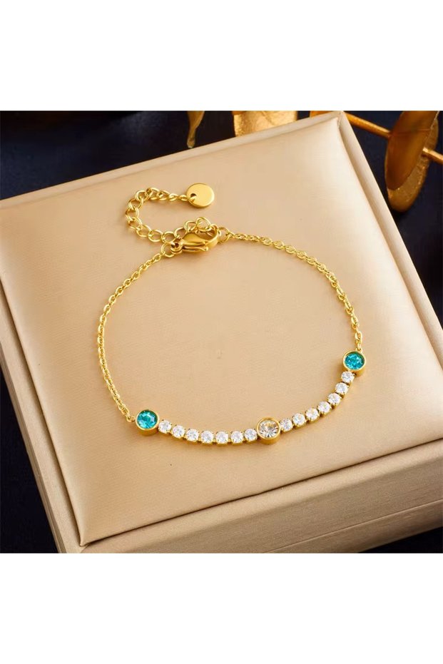 Gold Blue Detailed Steel Zircon Stone Waterway Bracelet 21 cm Gift Bracelet