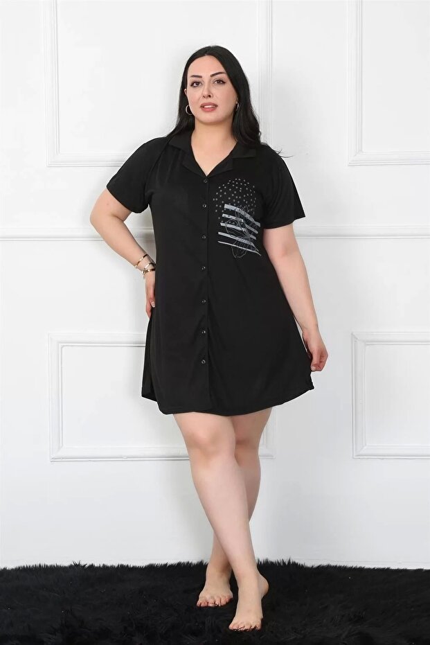 Plus Size Combed Cotton Buttoned Black Tunic Nightgown - 1