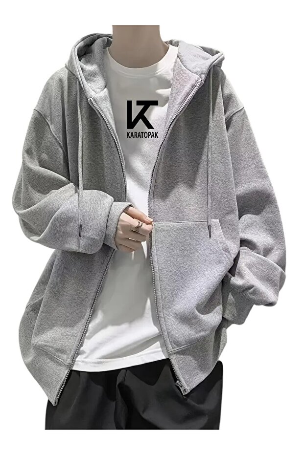 Hooded Oversize Unisex Zippered Ribbed Sweatshirt Cardigan