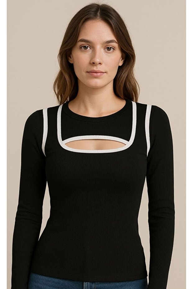 Women's Black Ribbed Knitted Blouse with Window Detail