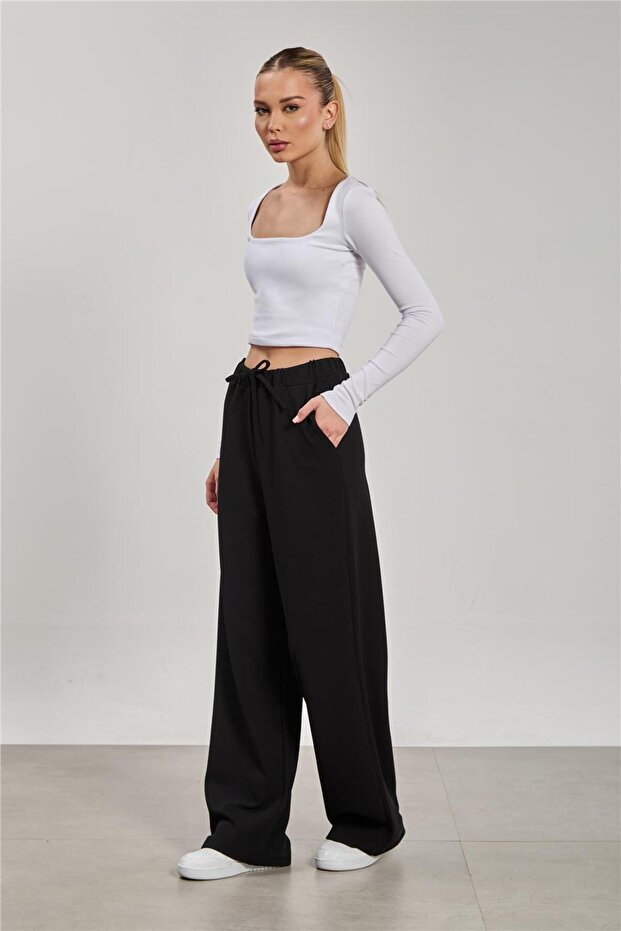 Women's drawstring waist wide leg pants - black