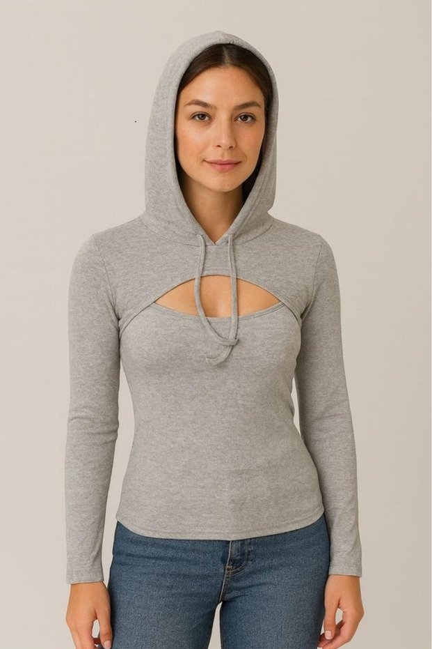 Women's Gray Hooded Ribbed Knit Blouse