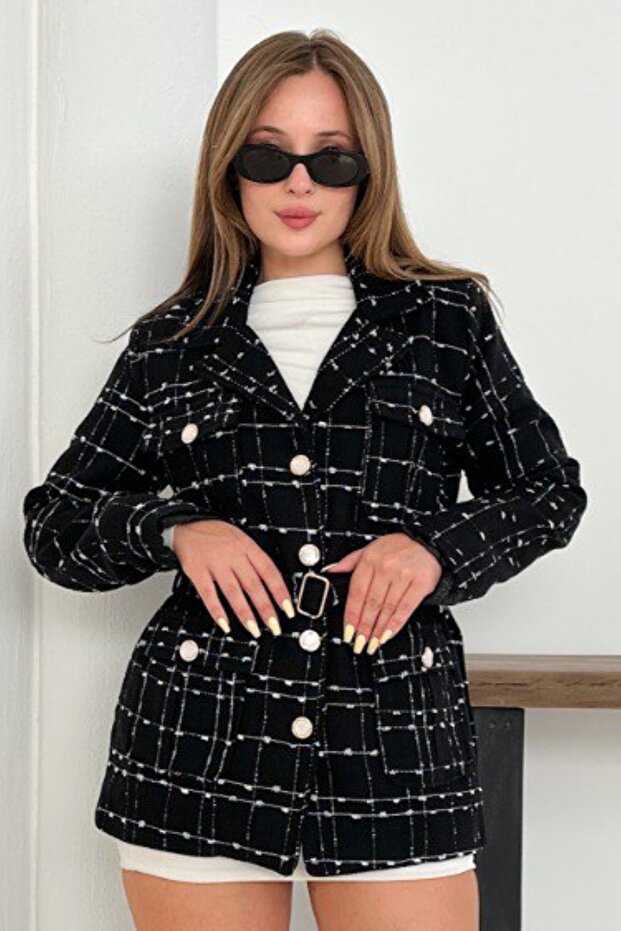 Women's Plaid Patterned Pearl Button Belt Detailed Stylish Cashmere Jacket with Flap Pockets