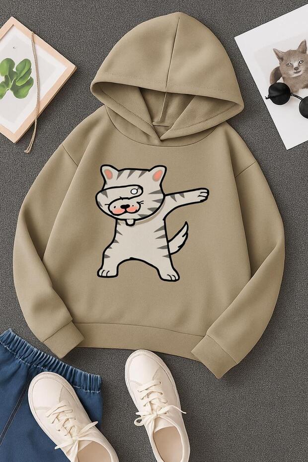 3-Ply Combed Cotton Cat Printed Unisex Kids Hooded Sweatshirt