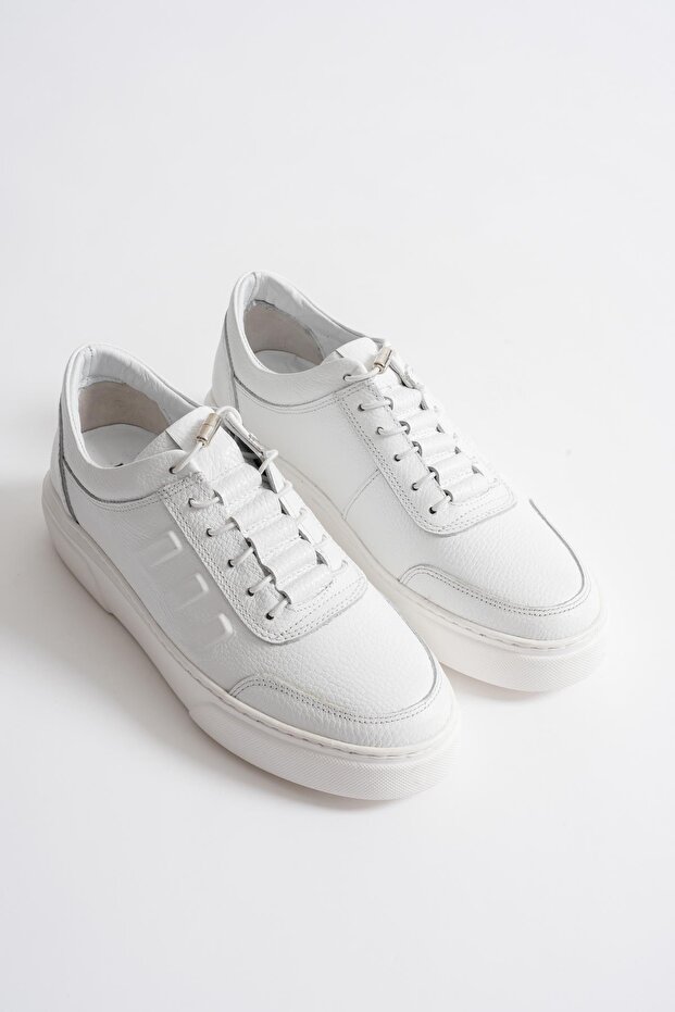 Eryon Men's White Genuine Leather Casual Sneaker with Rubber Detail Shoes
