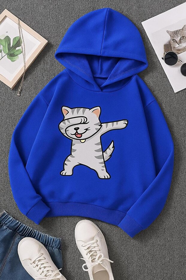 3-Ply Combed Cotton Cat Printed Unisex Kids Hooded Sweatshirt