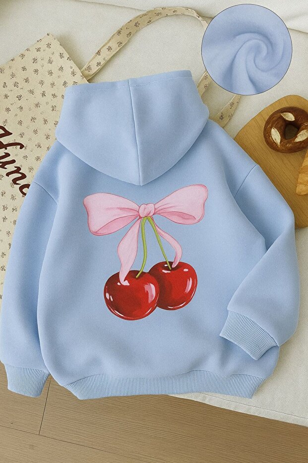 3-Ply Combed Cotton Cherry Printed Unisex Kids Hooded Sweatshirt