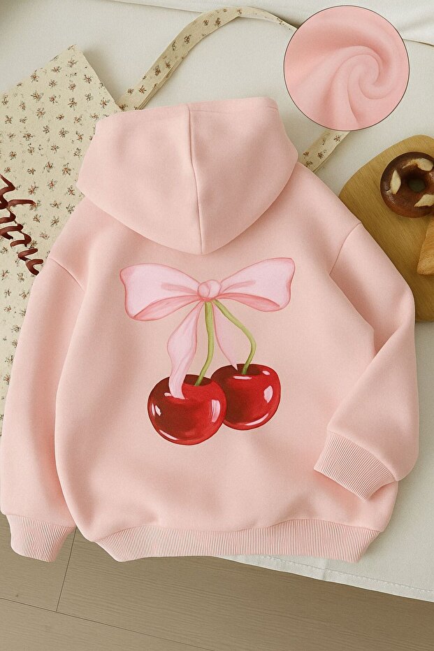 3-Ply Combed Cotton Cherry Printed Unisex Kids Hooded Sweatshirt