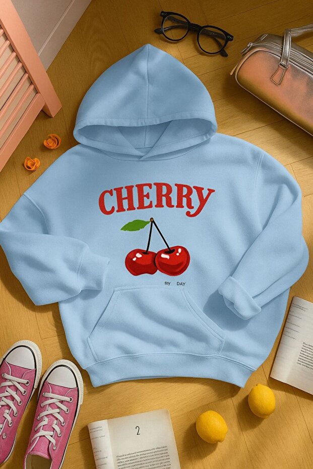 3 Yarn Combed Cotton Cherry Printed Unisex Hooded Children's Sweat