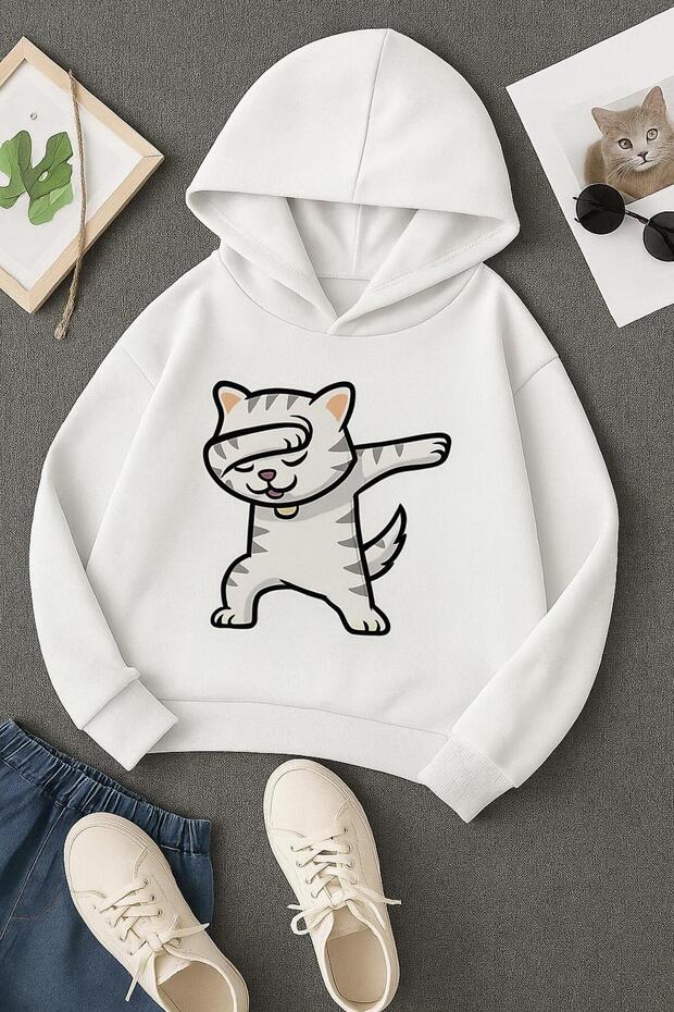 3-Ply Combed Cotton Cat Printed Unisex Kids Hooded Sweatshirt
