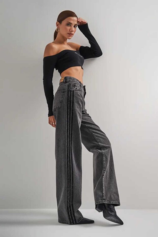 İt's basic kadın köyü füme yandan parlak şerit detaylı denim - 4