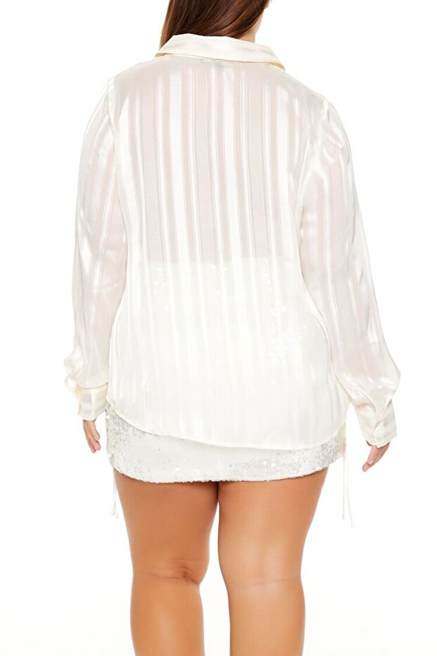 Plus Size Çizgili Transparan Gömlek - 2